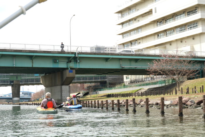 東京運河のスカイツリー航路でカヤックをする。